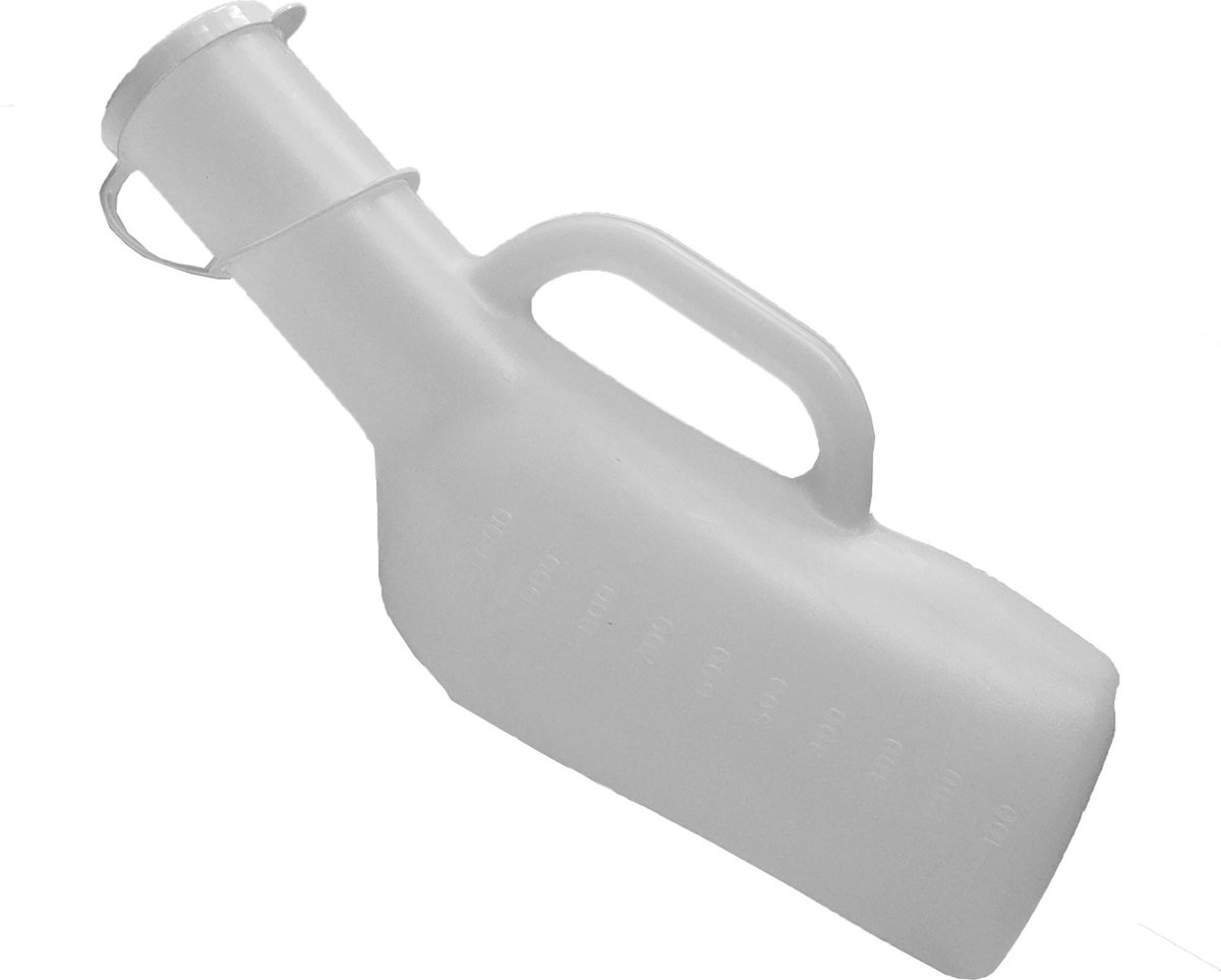 Urinaal Met Handvat - 1 Liter - Urinaal mannen - melkwit kunststof plasfles / urinefles met deksel, foto 2 van 4