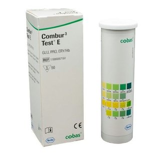 Roche Combur 3 E urineteststrips voor de bepaling van eiwit, glucose en bloed in urine