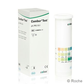 Roche Combur 3 urineteststrips voor de bepaling van glucose, eiwit en pH in urine.
