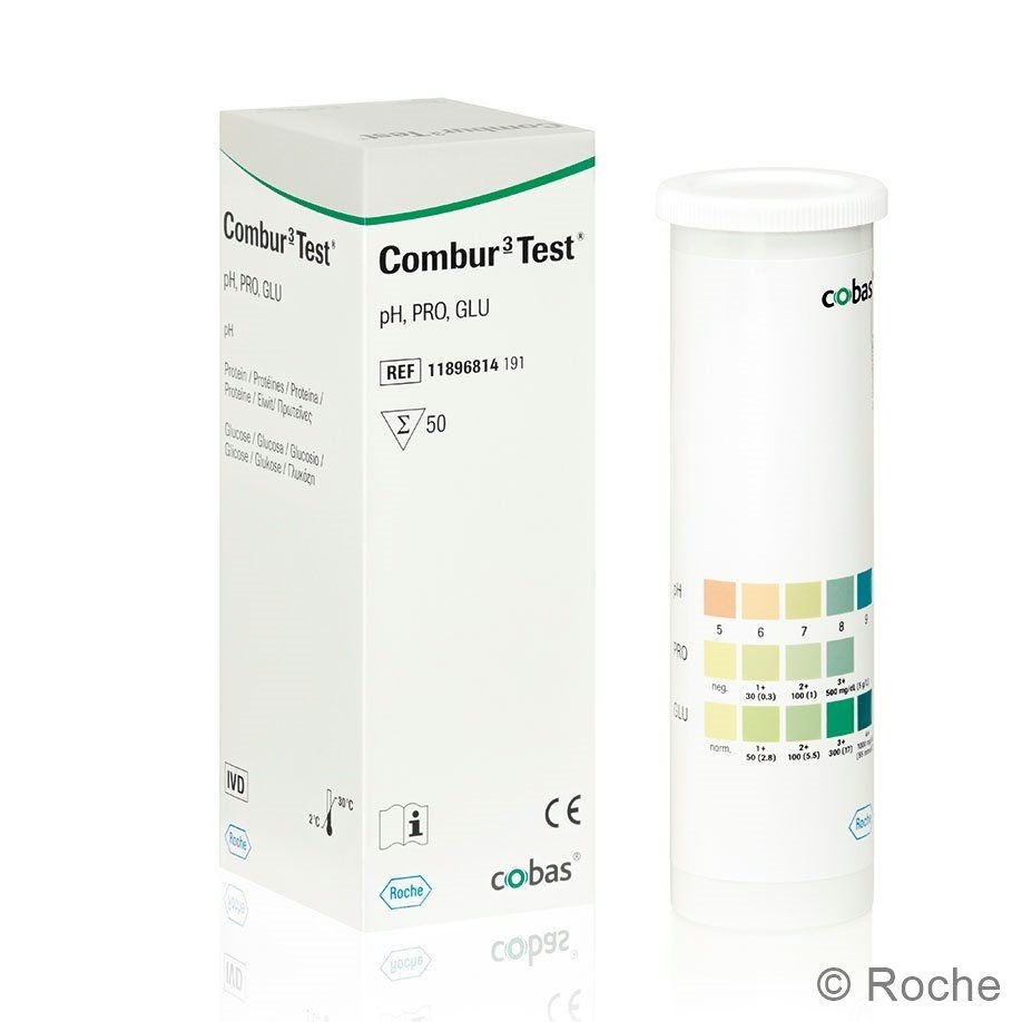Roche Combur 3 urineteststrips voor de bepaling van glucose, eiwit en pH in urine.