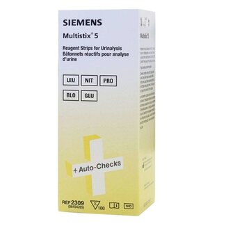 Siemens Multistix® 5 urineteststrips voor de bepaling van leukocyten, nitriet, eiwit, glucose en bloed in urine.