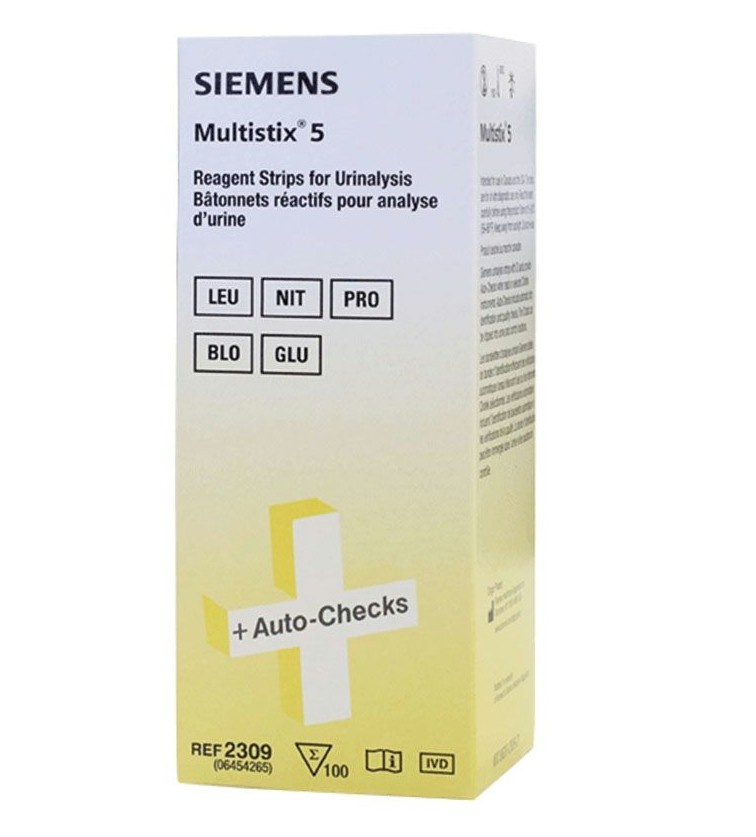 Siemens Multistix® 5 urineteststrips voor de bepaling van leukocyten, nitriet, eiwit, glucose en bloed in urine.