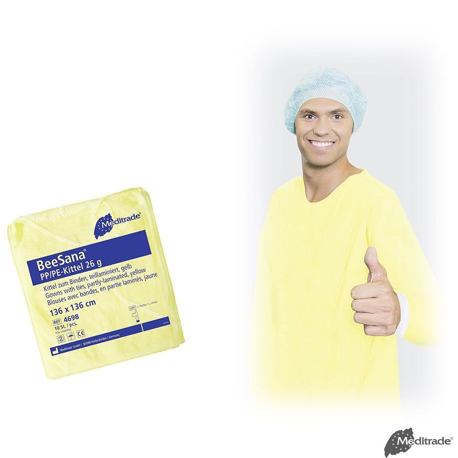 BeeSana Non woven disposable beschermjas met PE Laminaat op mouwen en voorkant. 10 stuks. Geel
