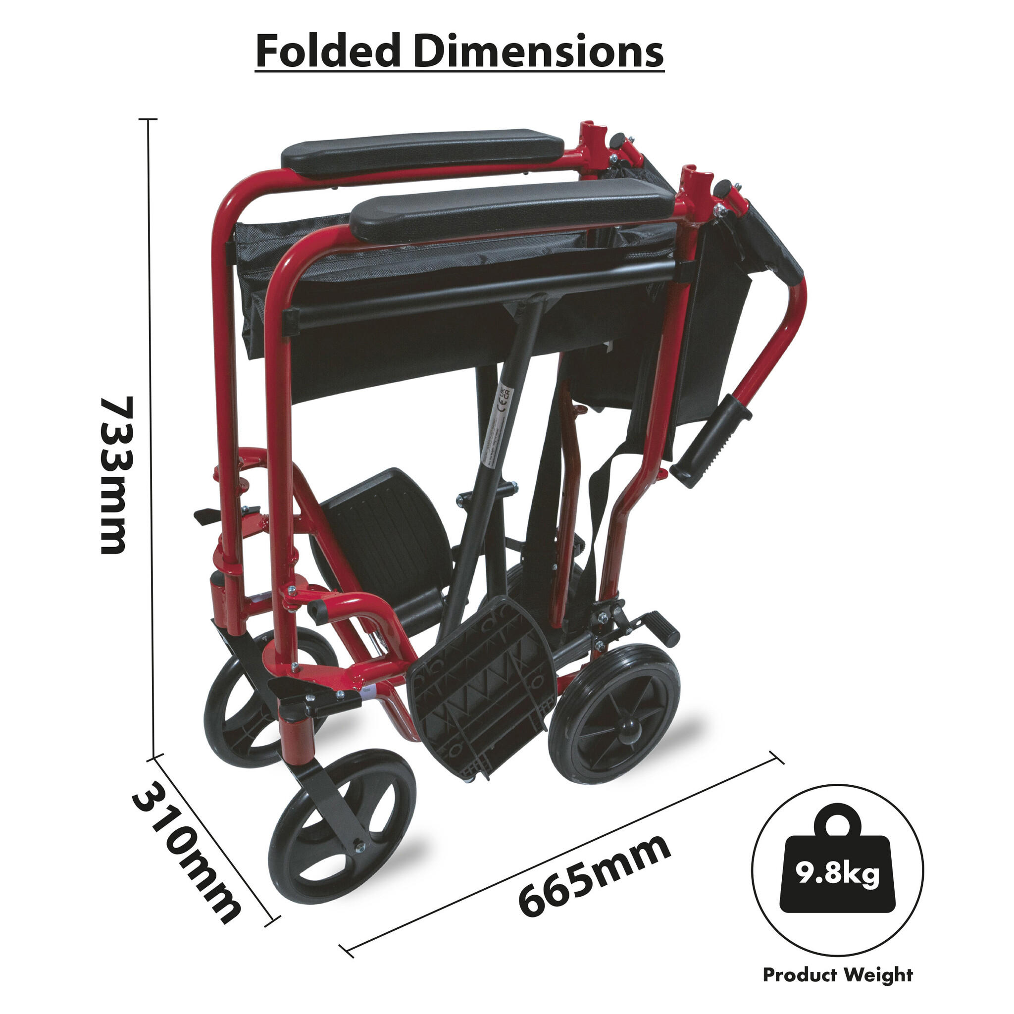 Zeer compacte transport rolstoel kleine wielen - Opvouwbaar Rood, foto 2 van 6