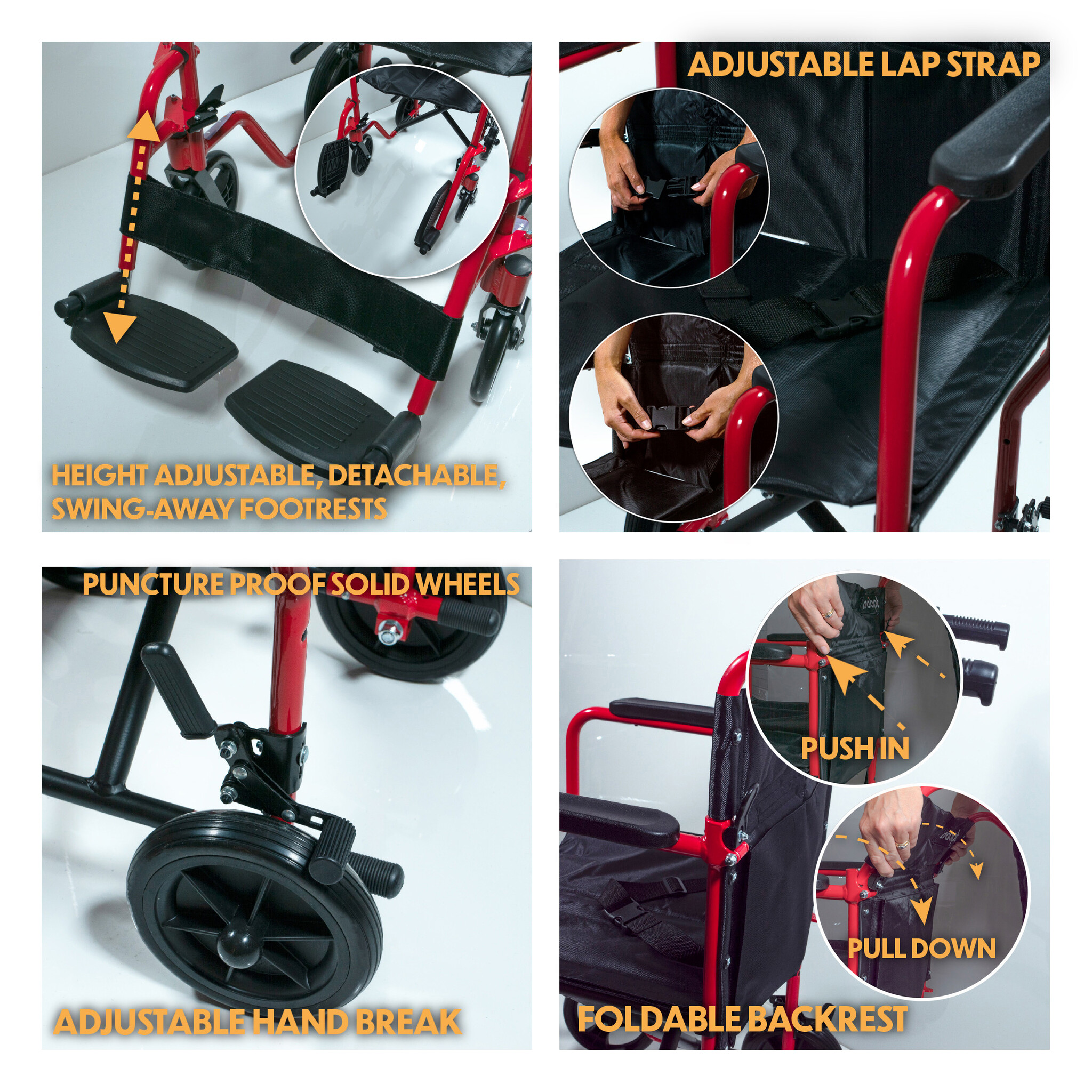 Zeer compacte transport rolstoel kleine wielen - Opvouwbaar Rood, foto 6 van 6