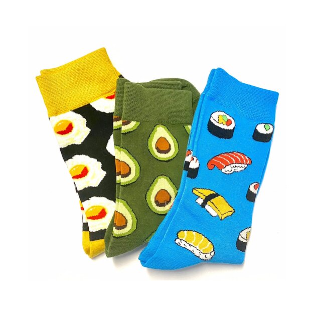 Set van 3 paar sokken met print: Eggs, Avocado & Sushi