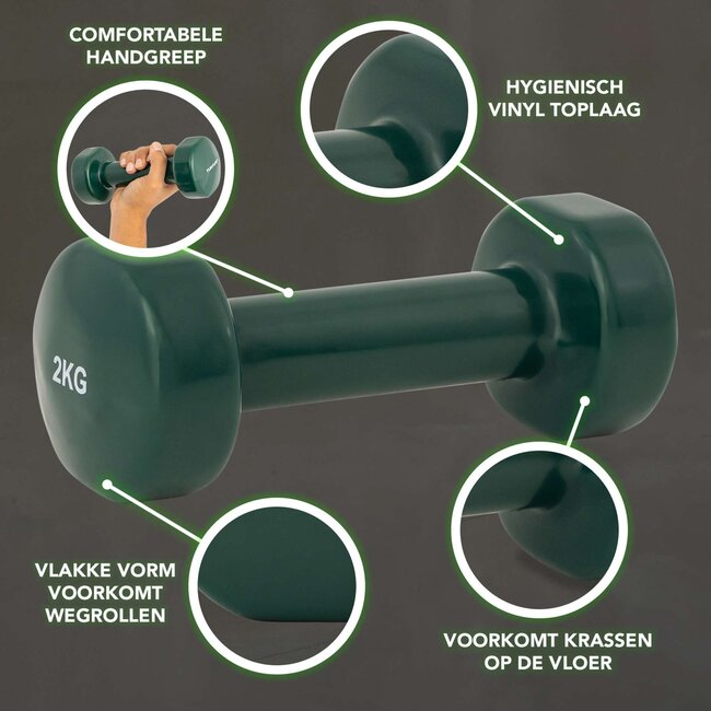 Vinyl Dumbbells  -  2 Kg. Gewichten - Groen - Set 2 stuks