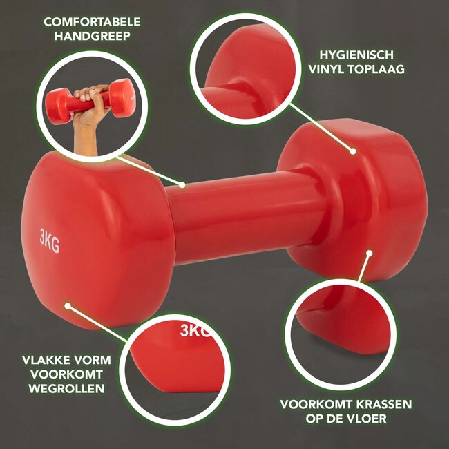 Vinyl Dumbbells  -  3 Kg. Gewichten - Rood - Set 2 stuks