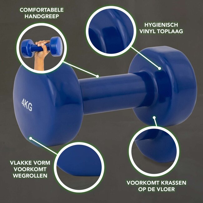 Vinyl Dumbbells  -  4 Kg. Gewichten - Blauw- Set 2 stuks
