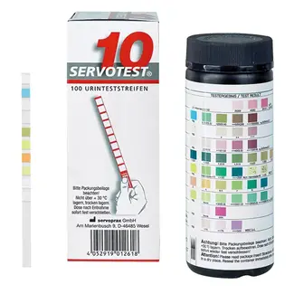 Servotest® 10 urineteststrips voor de bepaling van 10 urineparameters.