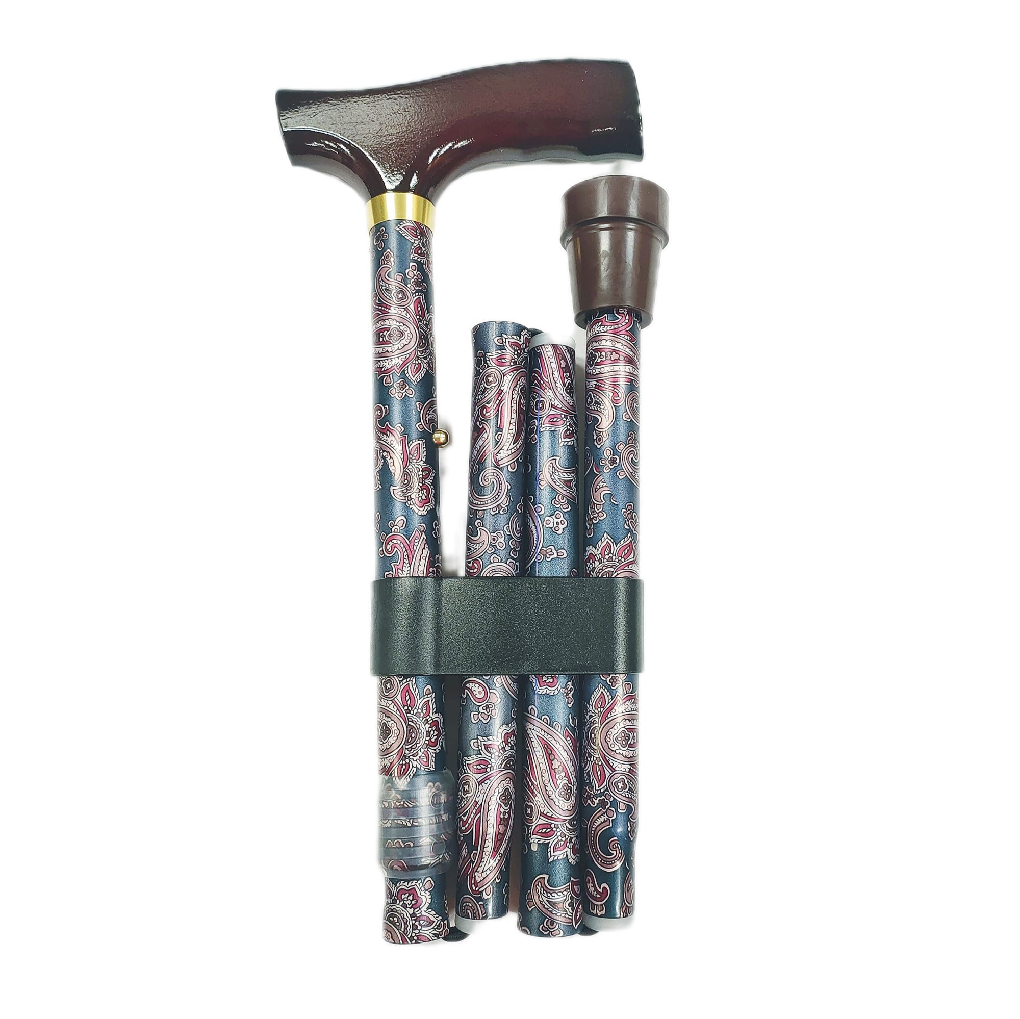 Opvouwbare wandelstok - Indiase Paisley print - houten contour handgreep