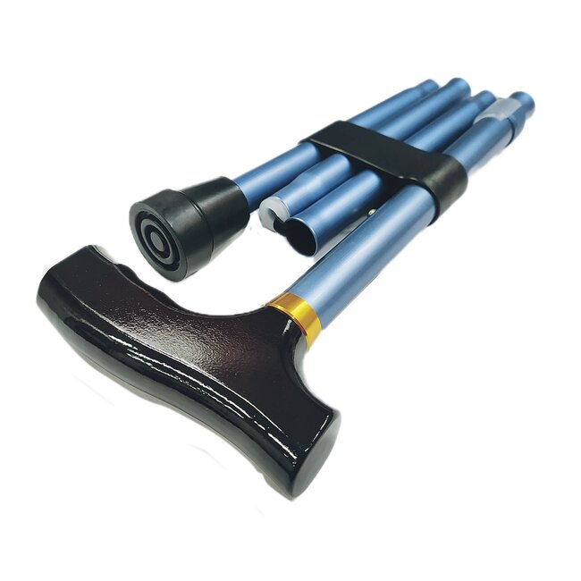 Wandelstok opvouwbaar - Mat Blauw - aluminium met houten handgreep