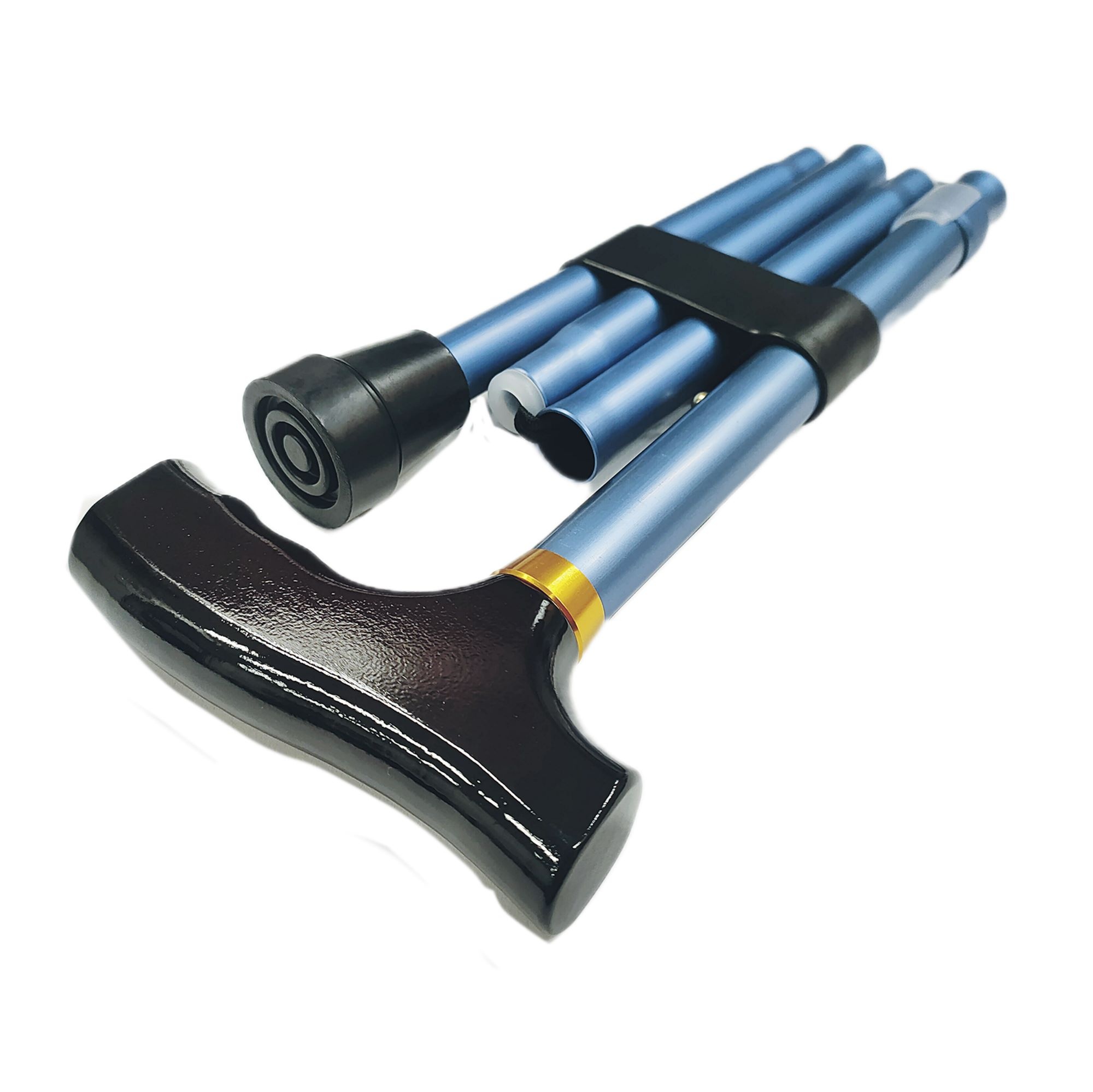 Wandelstok opvouwbaar - Mat Blauw - aluminium met houten handgreep, foto 2 van 4