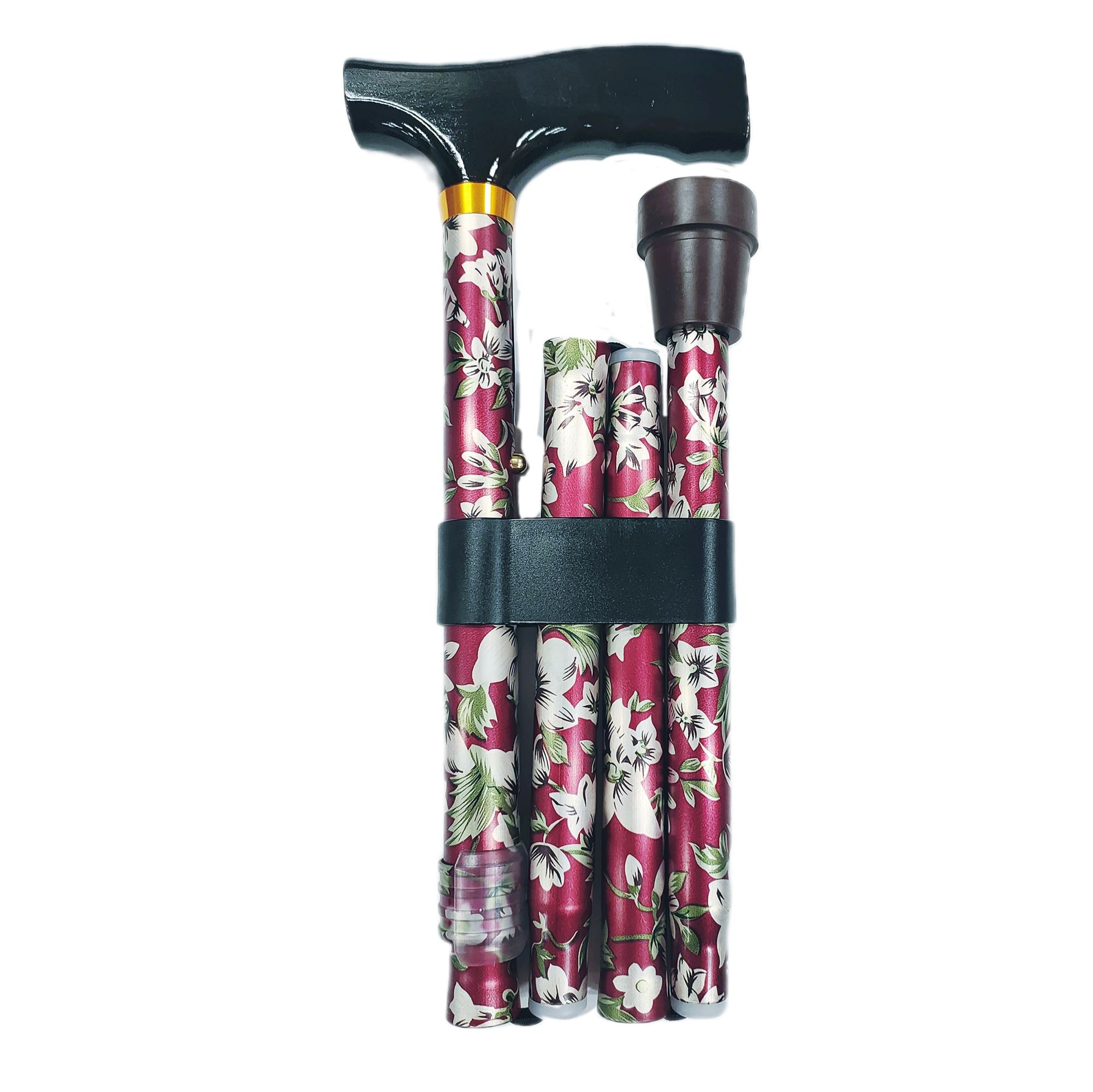 Opvouwbare wandelstok bloemenprint bordeaux contour