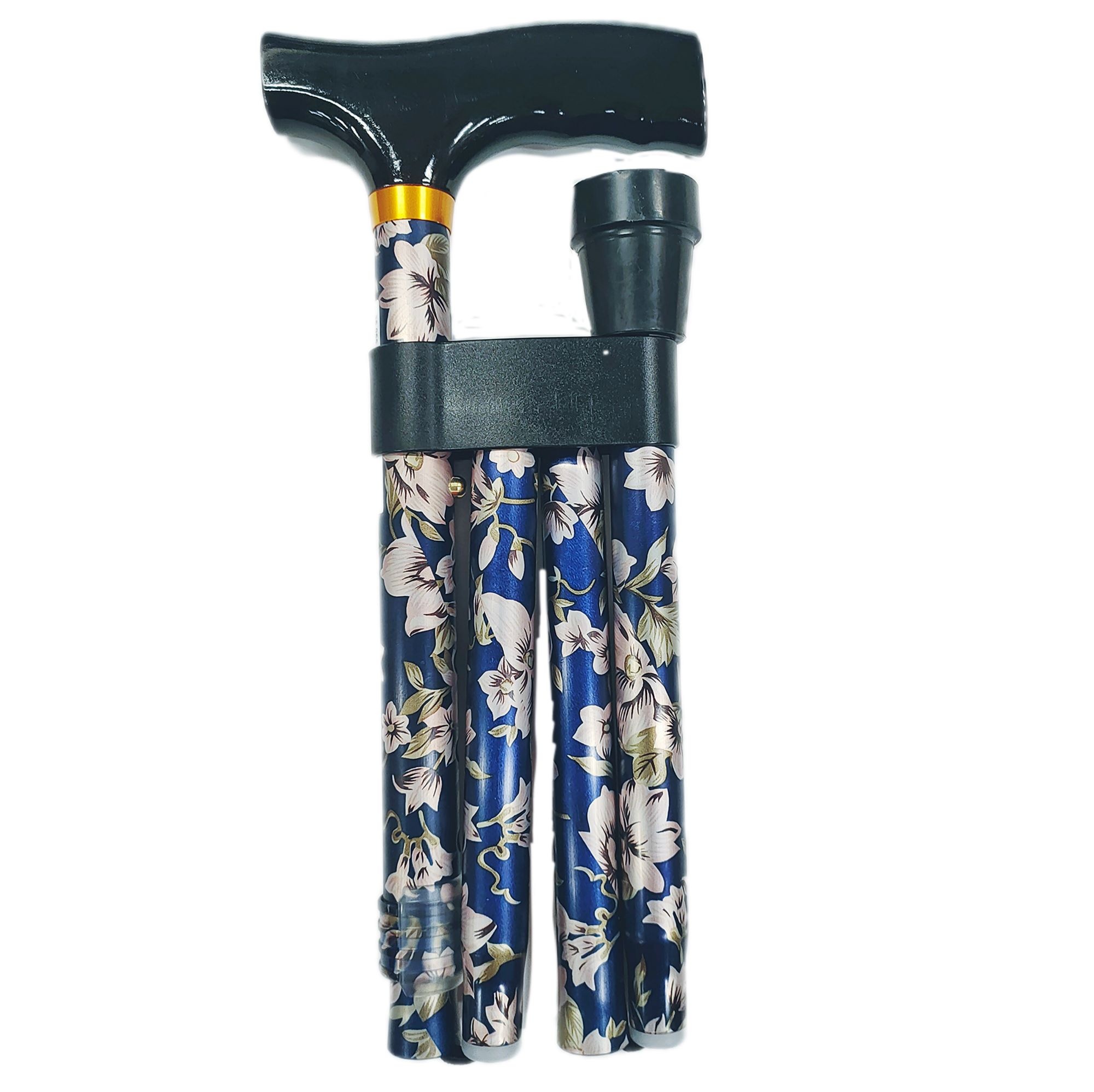 Wandelstok opvouwbaar - Blauw met Bloemen - houten contour handgreep