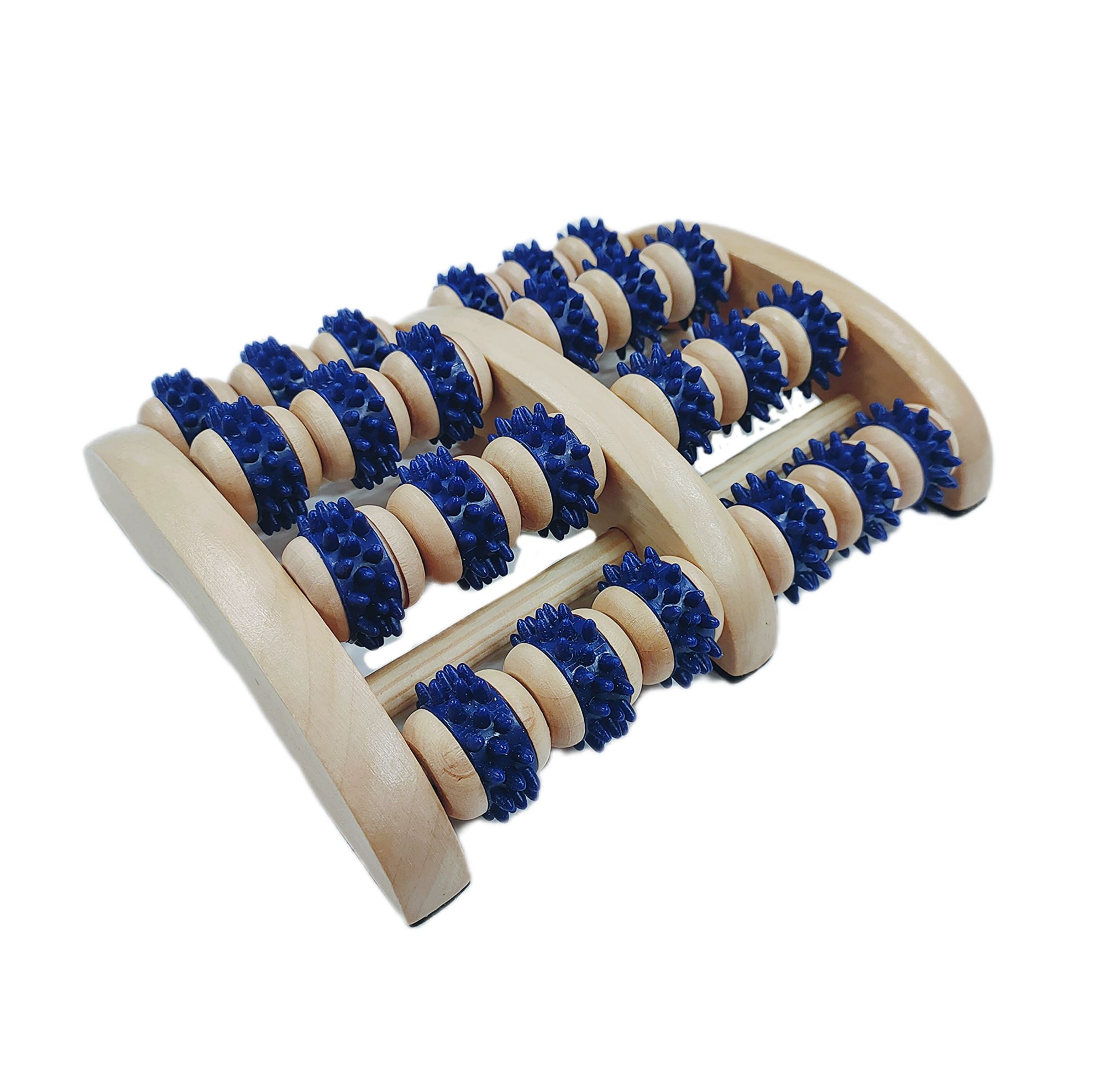 Voetmassageroller met 8 rollers - hout met blauwe rubberen noppen