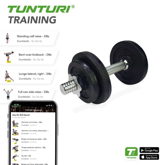 Tunturi Dumbbellset totaal 10kg - Gietijzer - Halterset met schroefsluiting 1 Halterstang
