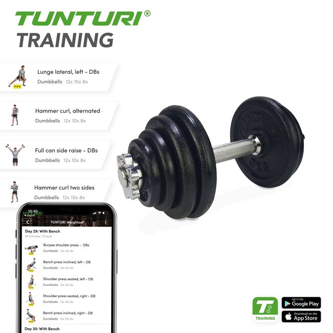 TUNTURI Tunturi Dumbbellset totaal 15kg - Gietijzer - Halterset met schroefsluiting 1 Halterstang