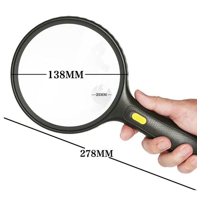 Klassiek Vergrootglas met 13 cm Lens, LED-Verlichting en Ergonomisch Handvat – Ideaal voor Lezen en Hobby's