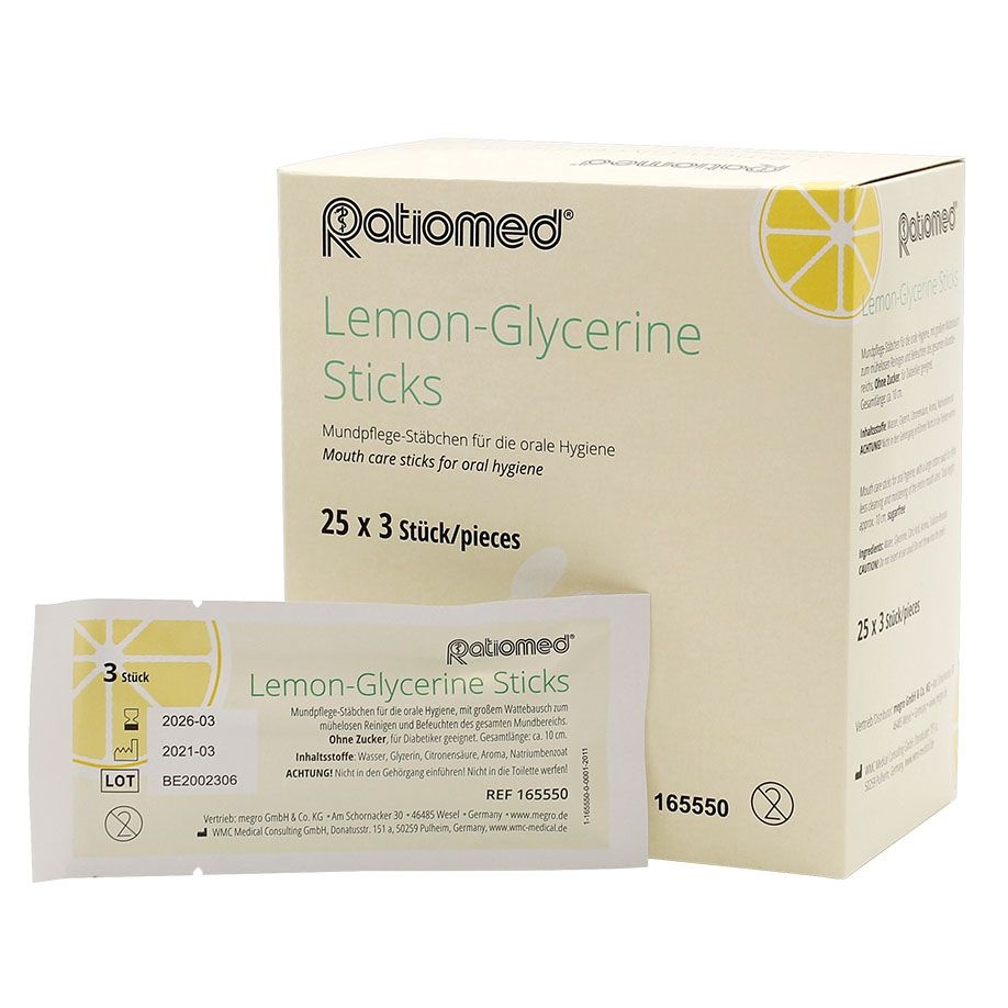 Ratiomed Citroen-Glycerine Sticks - Lemon Swabs - 25 x 3 stuks - mondverfissende wattenstaafjes