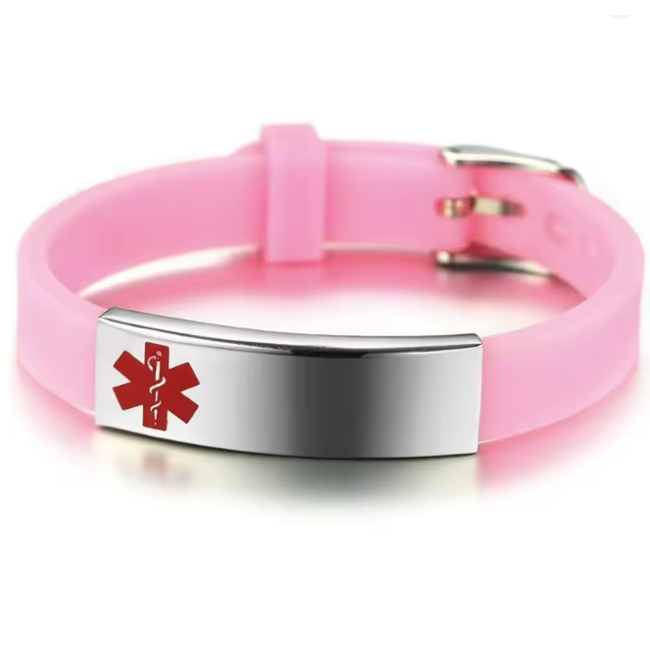 MediSieraad MediSieraad Medische Armband van Siliconen – Roze – Inclusief Gravering voor Allergie, Diabetes of ICE-informatie