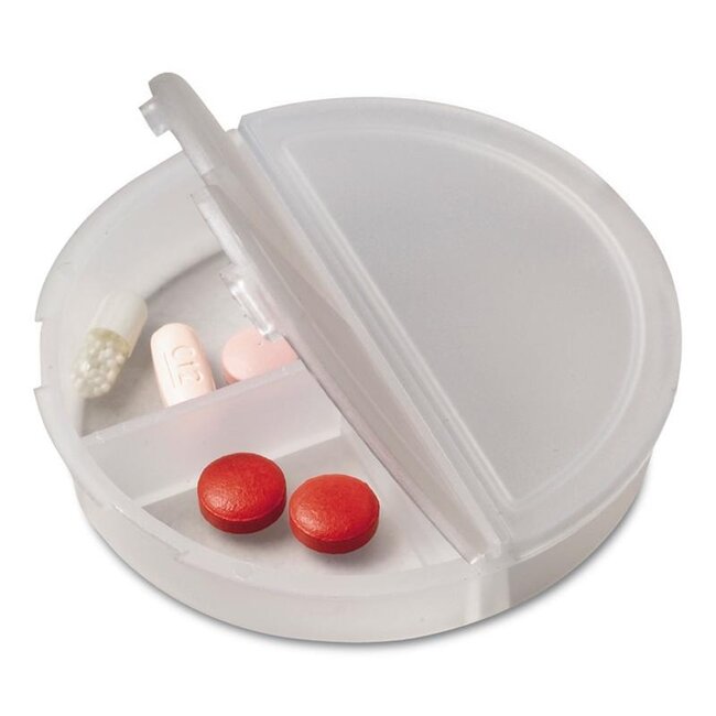 Klein Rond Pillendoosje met 3 Vakjes – Mat Wit Transparant – 7,5 cm