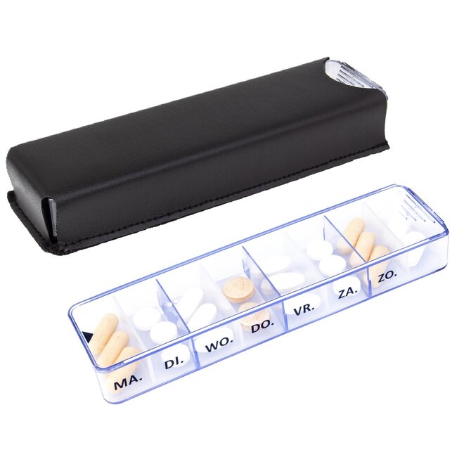 Medimax Leatherette 4U - Pillendoosje 7-dagen week indeling in zwart hoesje
