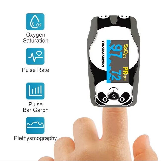 ChoiceMMed Pediatrische Vingerpulsoximeter voor Kinderen – Panda -  Zuurstof en Hartslagmeter met OLED Display