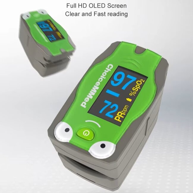 ChoiceMMed Pediatrische Vingerpulsoximeter voor Kinderen – Kikker -  Zuurstof en Hartslagmeter met OLED Display