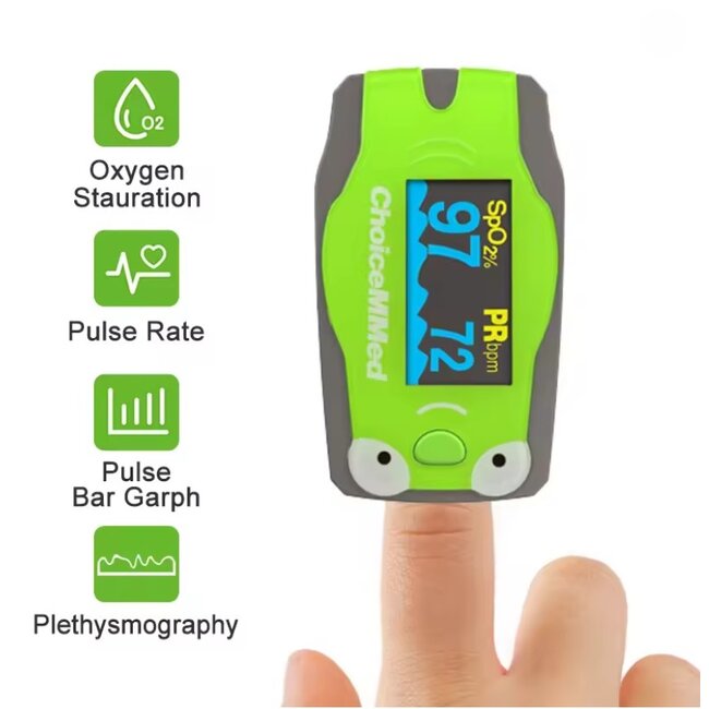 ChoiceMMed Pediatrische Vingerpulsoximeter voor Kinderen – Kikker -  Zuurstof en Hartslagmeter met OLED Display