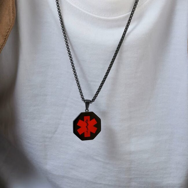 Medische waarschuwing ketting  - Octagon - gepersonaliseerd met gravering