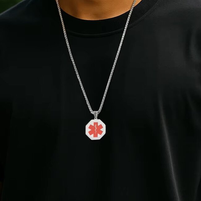 Medische waarschuwing ketting  - Octagon - gepersonaliseerd met gravering