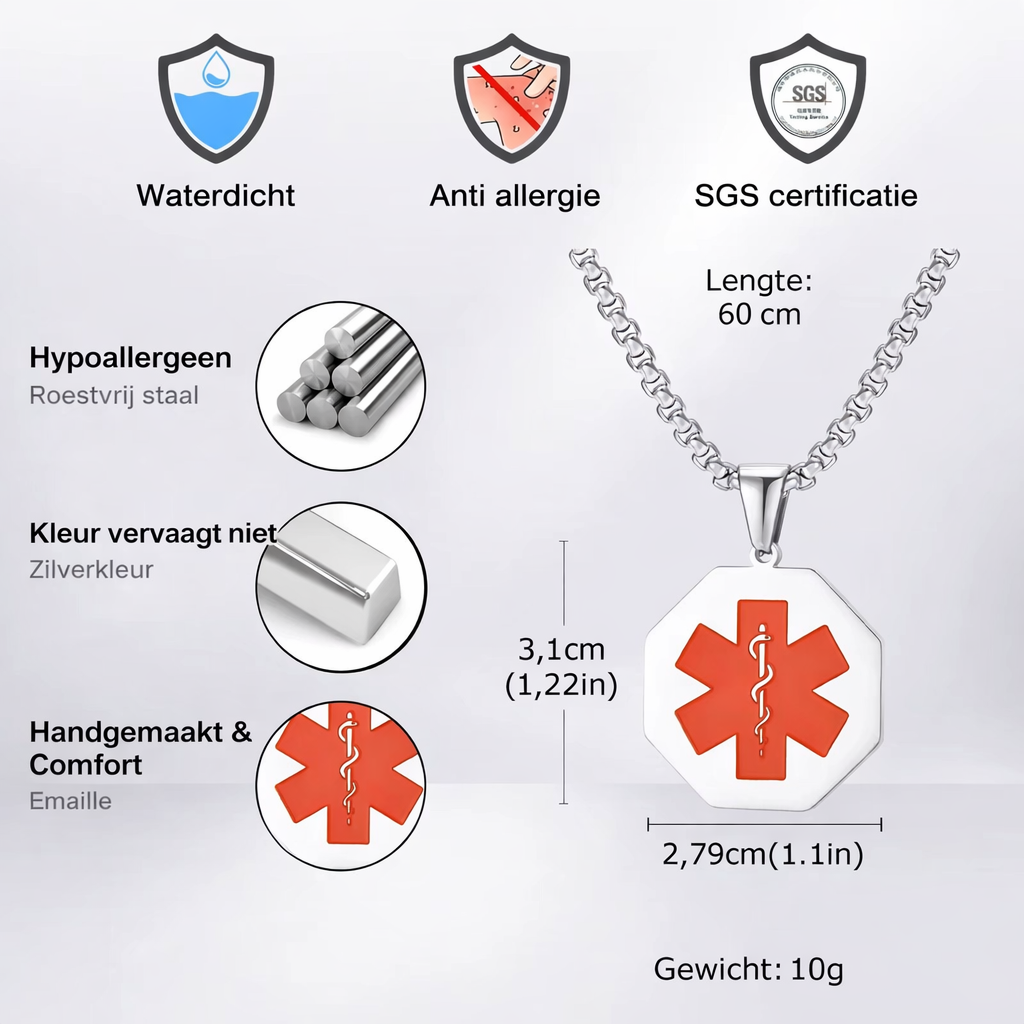Medische waarschuwing ketting - Octagon - gepersonaliseerd met gravering, foto 5 van 6
