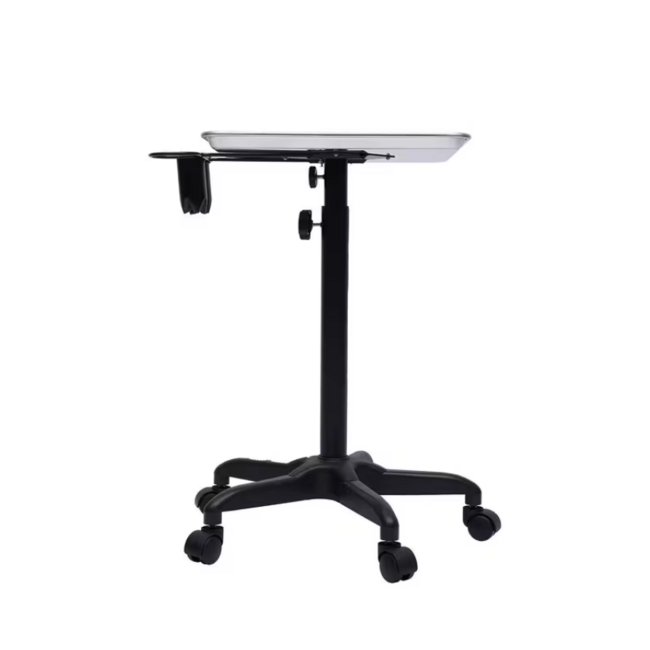 Instrumententafel met RVS blad en zwarte kunststof voet - Verrijdbaar en in hoogte verstelbaar