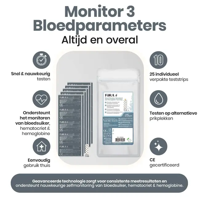 Fora FORA 6 3-in-1 Teststrips: Bloedsuiker, Hematocriet en Hemoglobine (25 stuks)