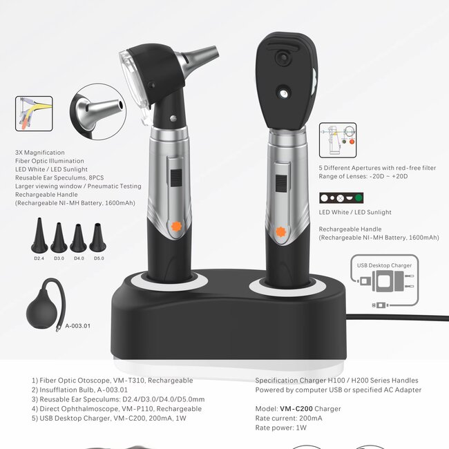 Otoscoop & Oftalmoscoop Set – Compacte Mini Diagnostische Set met LED, Glasvezel & Oplaadstation