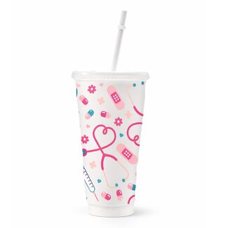 Drinkbeker Verpleegkundige met Rietje – 710ml – Witte Beker met Roze Medische Print – Cadeau voor Verpleegster