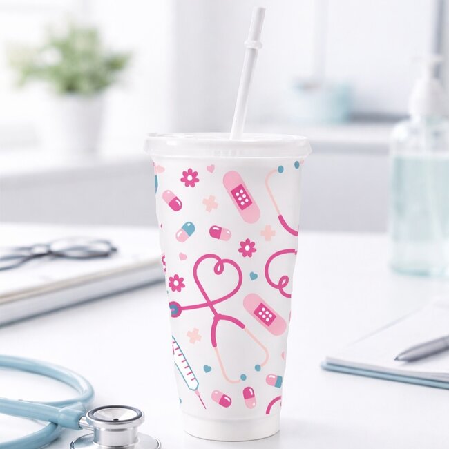 Drinkbeker Verpleegkundige met Rietje – 710ml – Witte Beker met Roze Medische Print – Cadeau voor Verpleegster