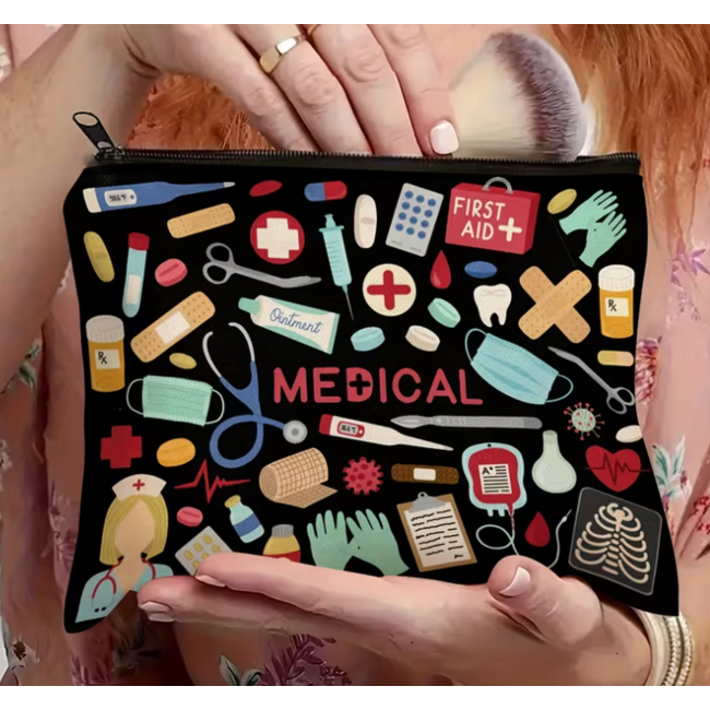 Verpleegkundige Etui met Rits – Zwarte Opbergetui met Medische Print