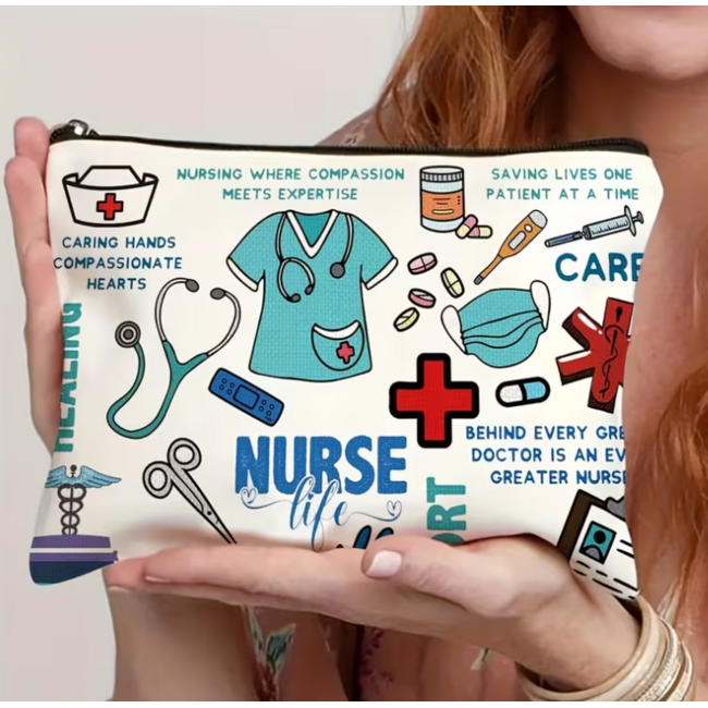 Verpleegkundige Etui met Rits – Wit Tasje – Nurse Life Print