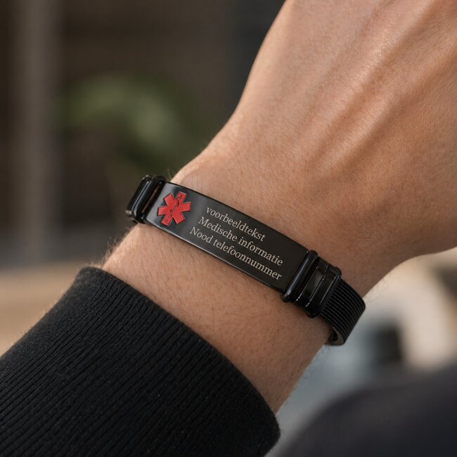 MediSieraad Gepersonaliseerde fijne armband - Zwart - RVS - Incl. Gravering