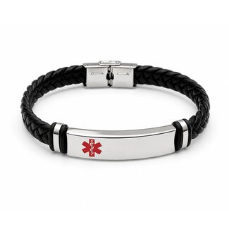 MediSieraad armband zwart gevlochten kunstleer met RVS plaatje - Incl. Gravering