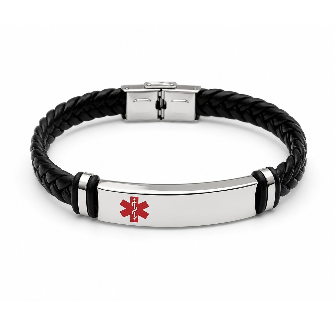 MediSieraad armband zwart gevlochten kunstleer met RVS plaatje - Incl. Gravering - Copy