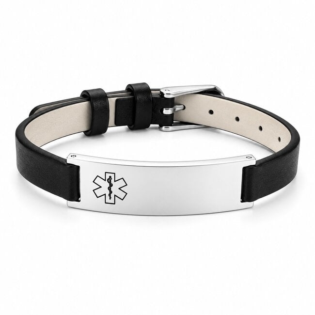 Medische armband zwart leer - met rvs plaatje - met eigen tekst