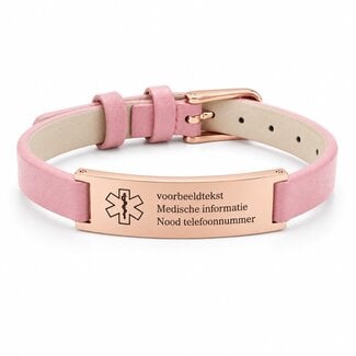 Medische Armband Roze Leer - Rosé goudkleur plaatje met eigen tekst