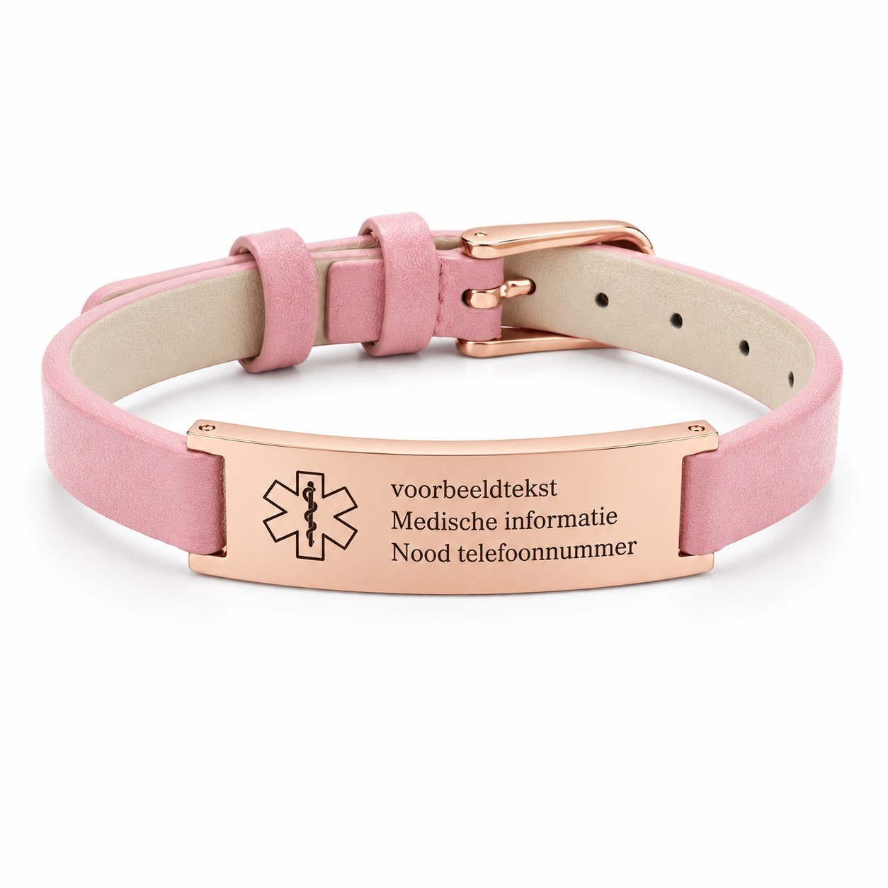 Medische Armband Roze Leer - Rosé goudkleur plaatje met eigen tekst
