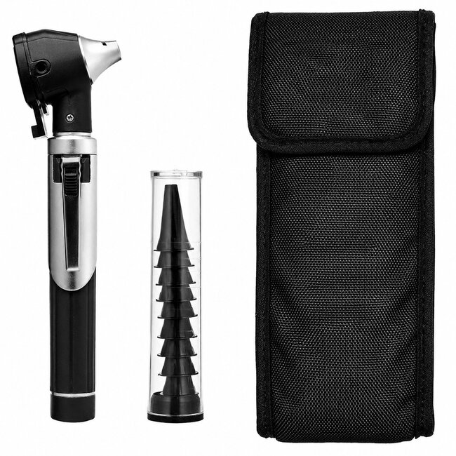 Pocket Otoscoop Zwart - met Fiber-Optiek LED Verlichting in Soft Pouch