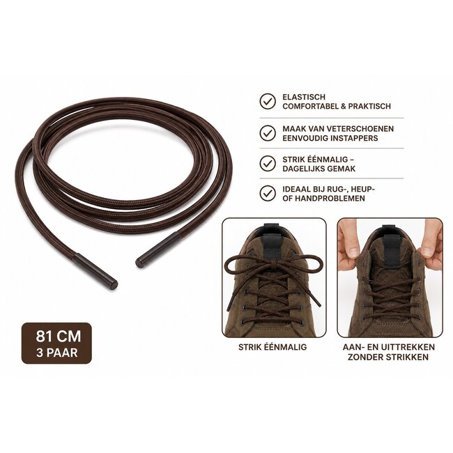 Elastische Schoenveters Bruin 81 cm – 3 Paar – Maak van Veterschoenen Instapschoenen