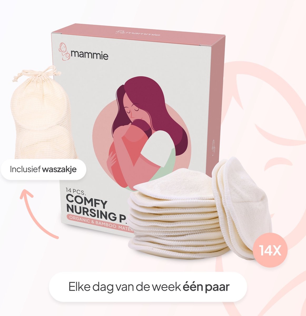 Mammie Wasbare Zoogcompressen – 14 Stuks – 100% Organisch Bamboe – Inclusief Waszakje – Herbruikbare Borstcompressen, foto 6 van 6