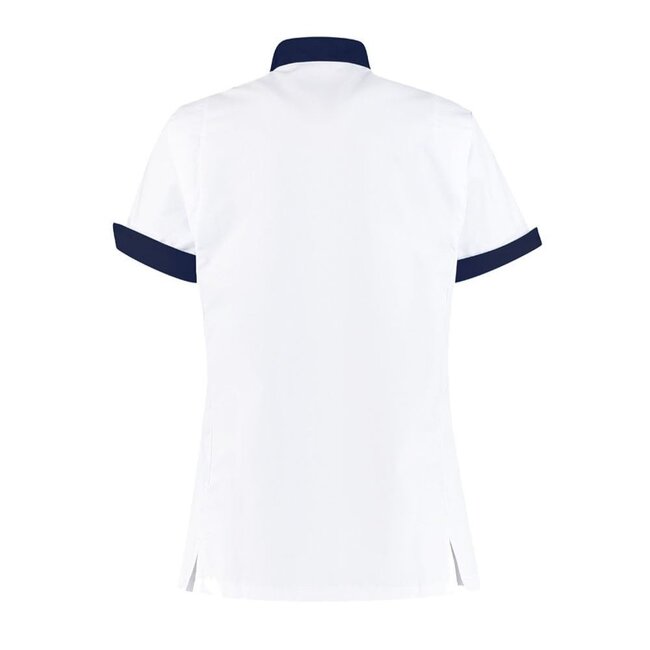 Haen Zorgkleding Mila - Wit-Navy Blue - Dames Zorgjasje – Stretch Telescoopmouw – High Line